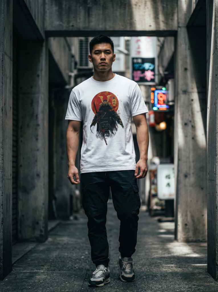 Firefly Gemini Flash use this t shirt ! A cinematic medium shot of a fit young man with a modern streetwea